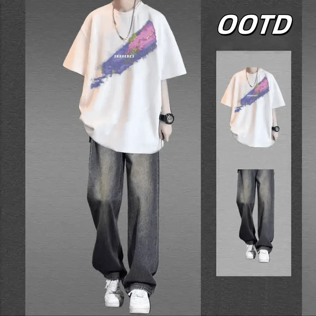 夏季青少年男装帅气学生酷帅男生潮流套装休闲短袖T恤穿搭牛仔裤