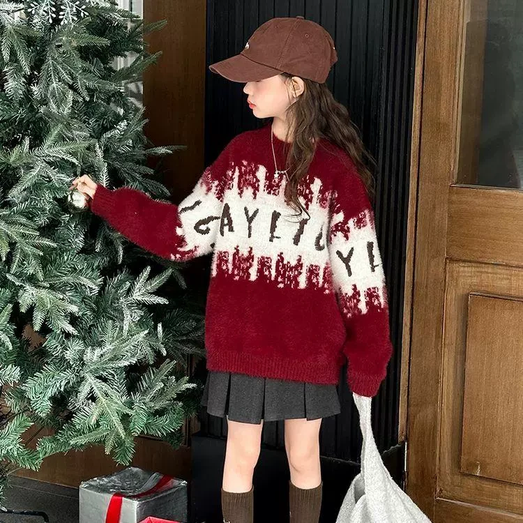 冬季穿搭新年红色超好看中长款毛衣女秋冬甜美减龄撞色针织衫上衣