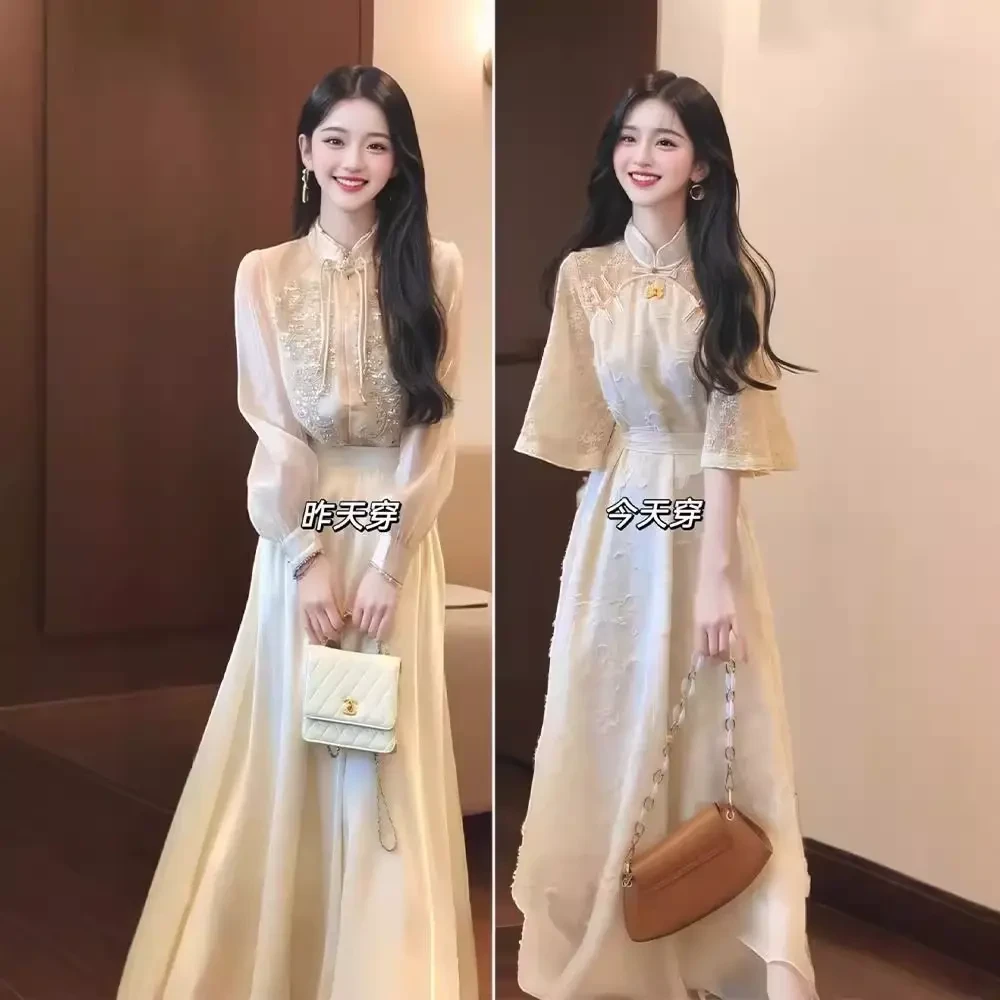 新中式女装连衣裙夏季2025新款大码胖mm国风提花改良旗袍收腰长裙