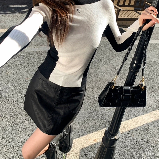 撞色圆领长袖内搭打底衫女秋冬季羊毛毛衣针织衫修身紧身短款上衣