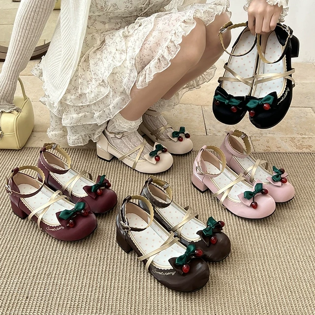 甜美樱桃蝴蝶结玛丽珍鞋女2025新款夏季百搭粗跟增高防滑浅口单鞋
