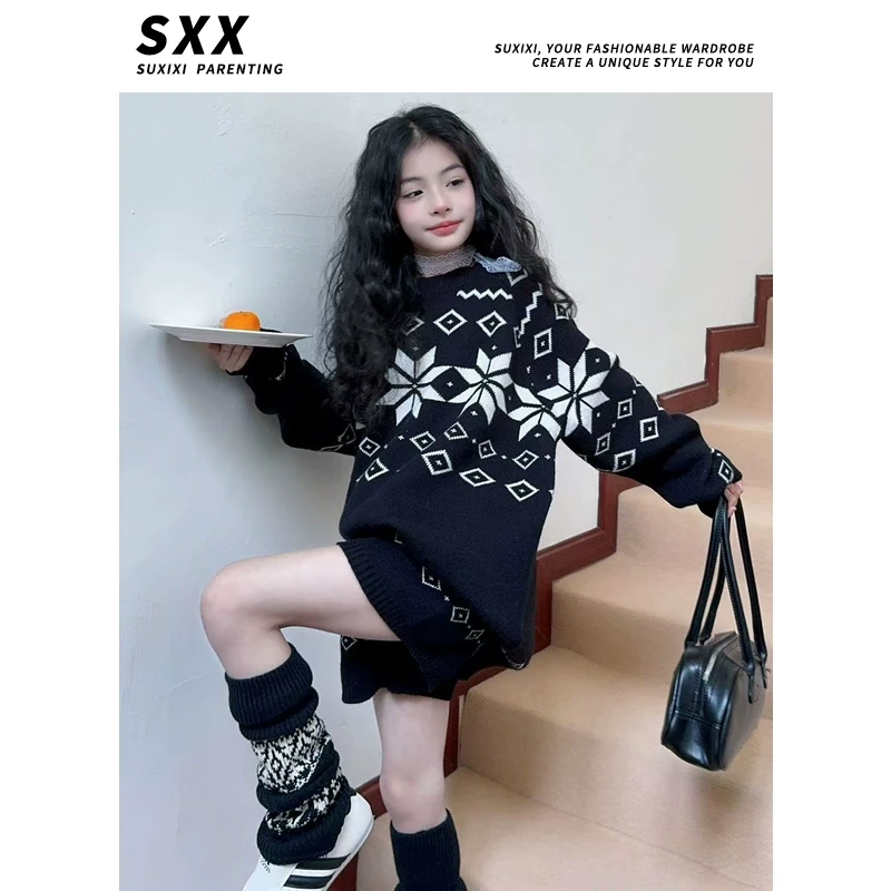 【LUCY定制】女童2025春费尔岛撞色复古长袖上衣+高腰针织短裤套装