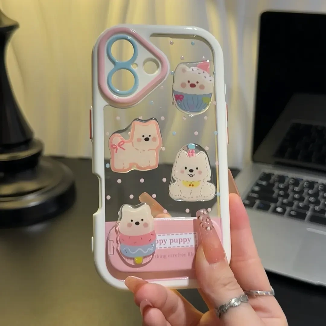 适用苹果16可爱波点西高地小狗镜子支架手机壳华为oppovivo小米15
