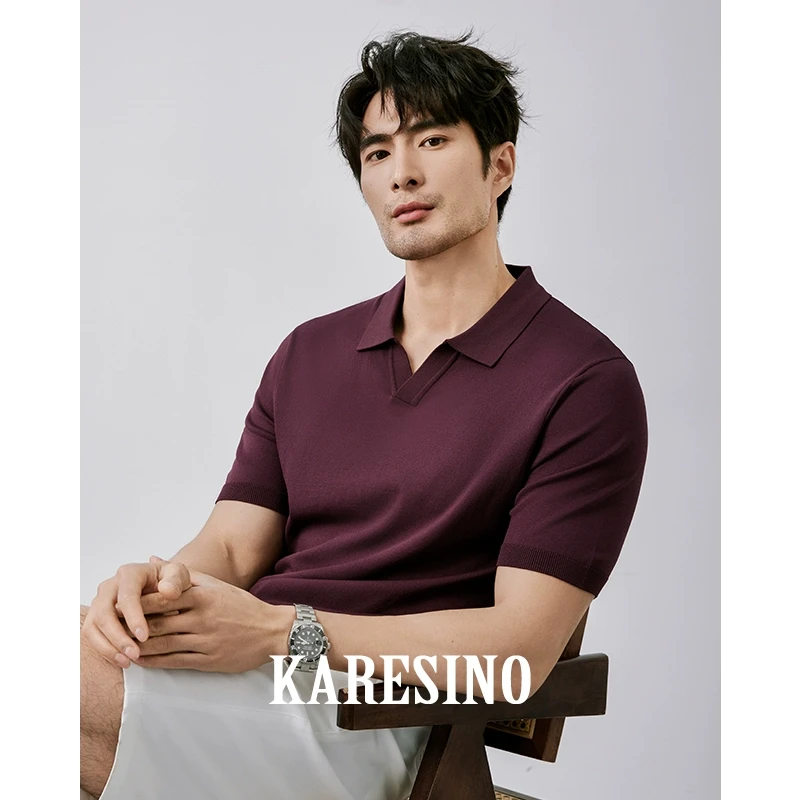 KARESINO【14针横机】拉菲红polo针织衫夏季男士休闲冰丝短袖T恤