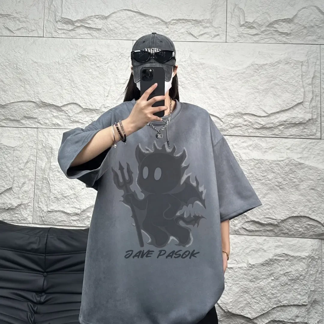 2025夏季新款雕花卡通动漫短袖T恤男百搭美式男女同款宽松半袖