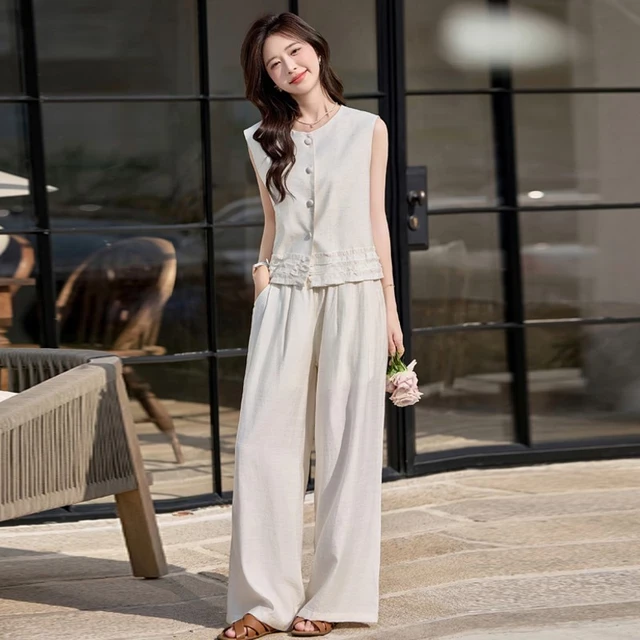 无袖上衣阔腿裤两件套女夏季2025新款时髦休闲背心马甲长裤套装潮