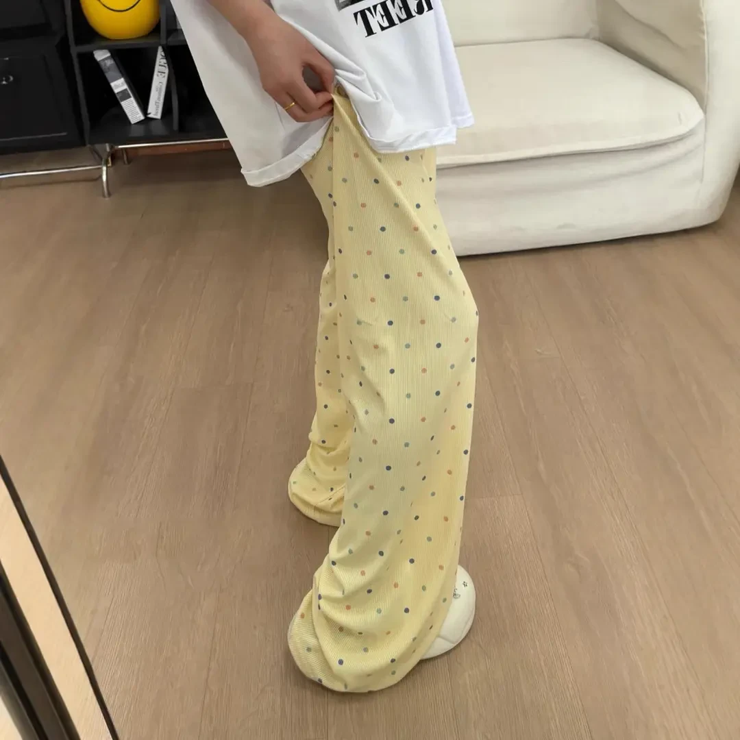 黄色波点阔腿裤2025夏季新款彩虹点点多巴胺垂感宽松直筒阔腿裤M