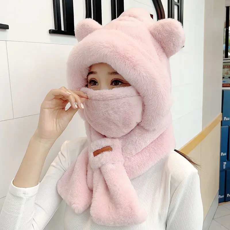 新款小熊帽子围巾一体女冬季时尚韩版百搭加厚保暖骑行电动车防