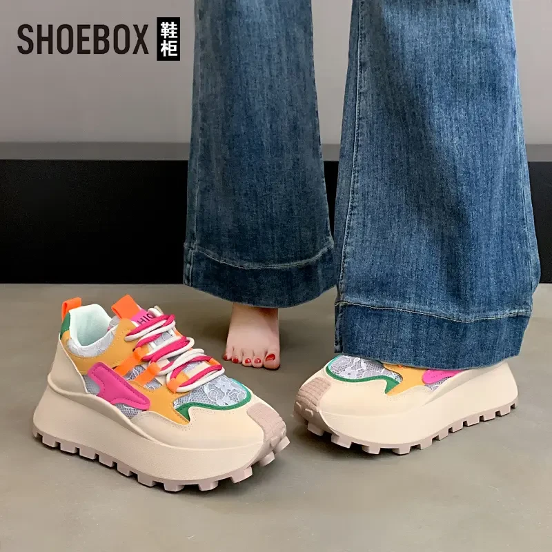SHOEBOX鞋柜厚底拼色德训鞋女2025新款春季超火阿甘鞋运动休闲鞋