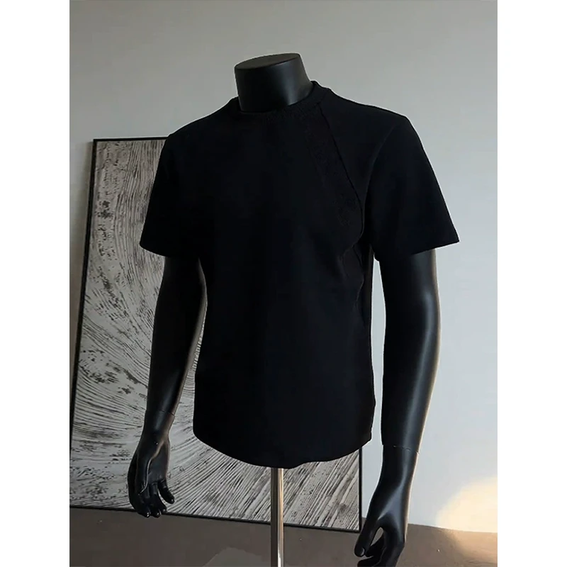 黑色空气层boxy短袖男款夏季美式小领口修身t恤解构拼接重磅半袖
