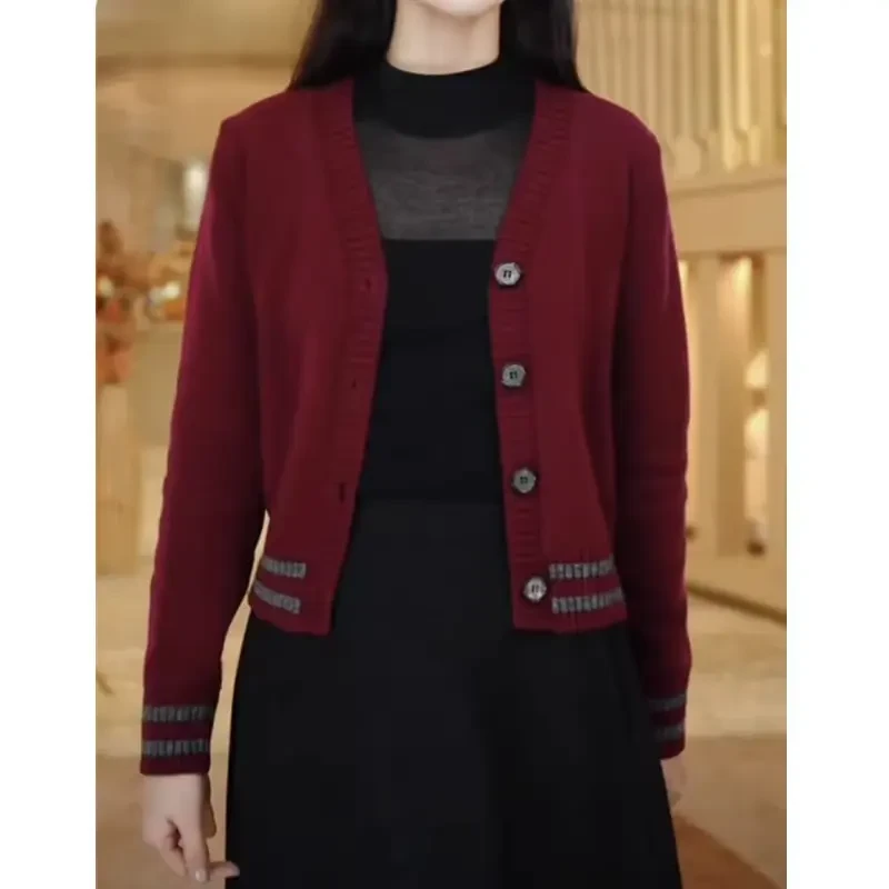 开衫红色拼色冬季长袖水洗女装毛针织衫常规款
