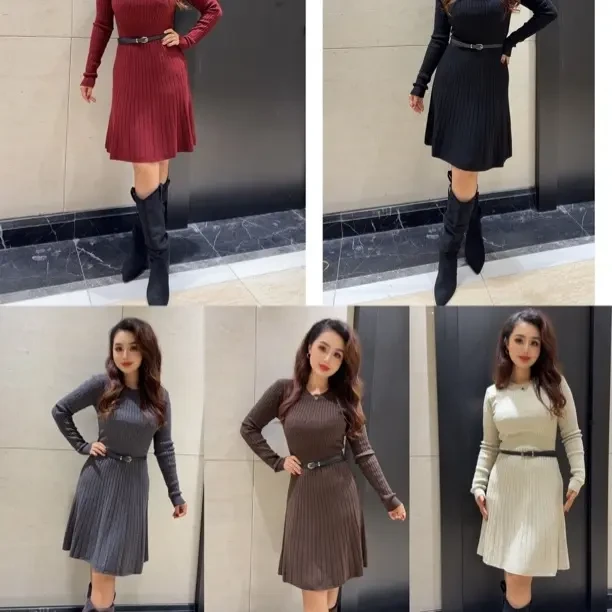 圆领长袖针织修身女士秋冬中长款气质百搭连衣裙