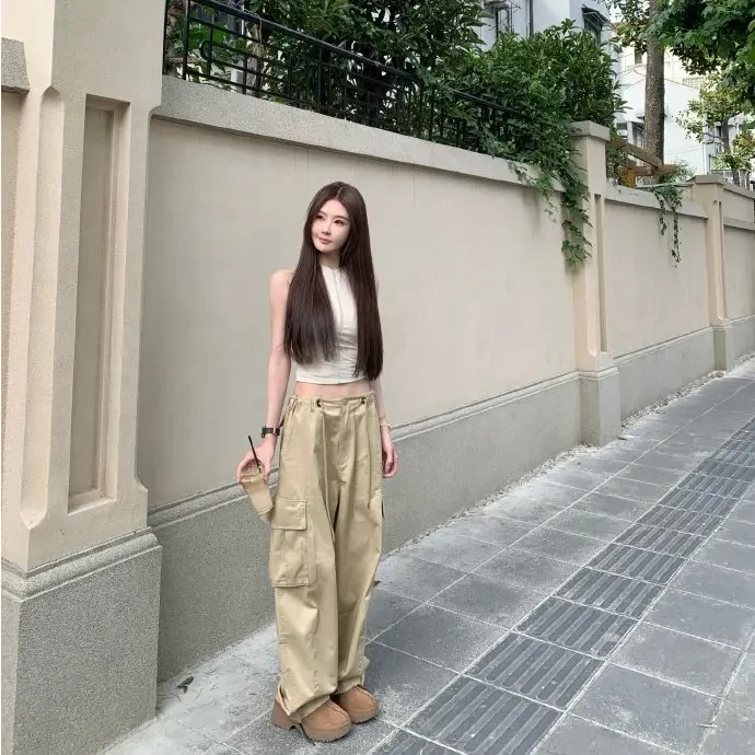 女生韩系ins衣服简约风纯色背心无袖修身女显瘦复古高腰工装裤