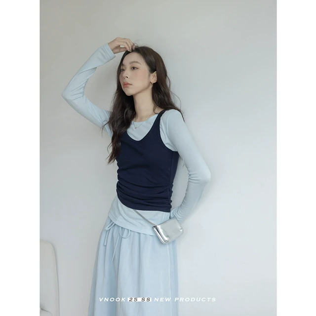 VNOOK天丝弹力背心长袖T恤女春2025新款休闲防晒上衣高级叠穿套装