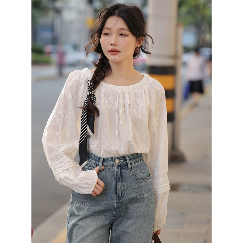 【1.20清清】觅定高级感绣花白色长袖衬衫气质衬衣WS50841