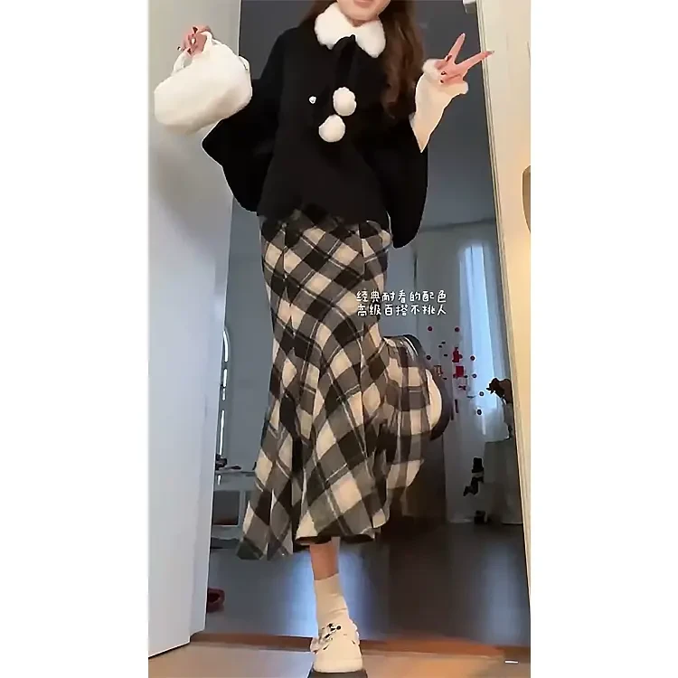 法式穿搭一整套女春冬新款胖mm高级斗篷毛呢外套鱼尾裙减龄两件套