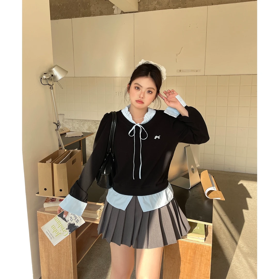 大码女装别致绝美上衣胖mm2025春季新款韩系设计感小众假两件长袖