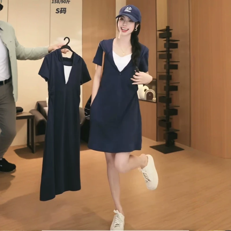 设计感连帽V领假两件短袖连衣裙女2025夏季新款时尚收腰显瘦长裙
