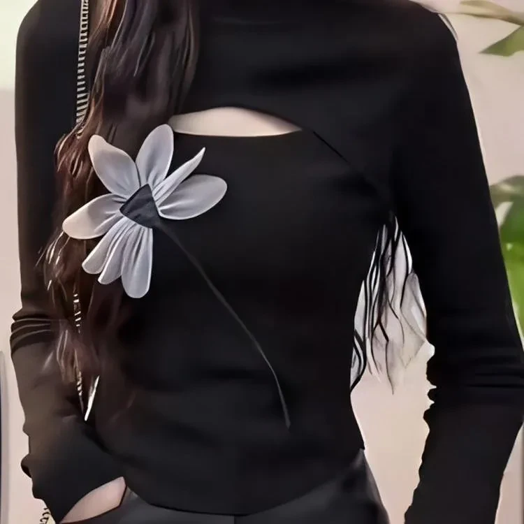 黑色立体花朵镂空长袖女德绒秋冬季新款保暖修身显瘦打底上衣ins