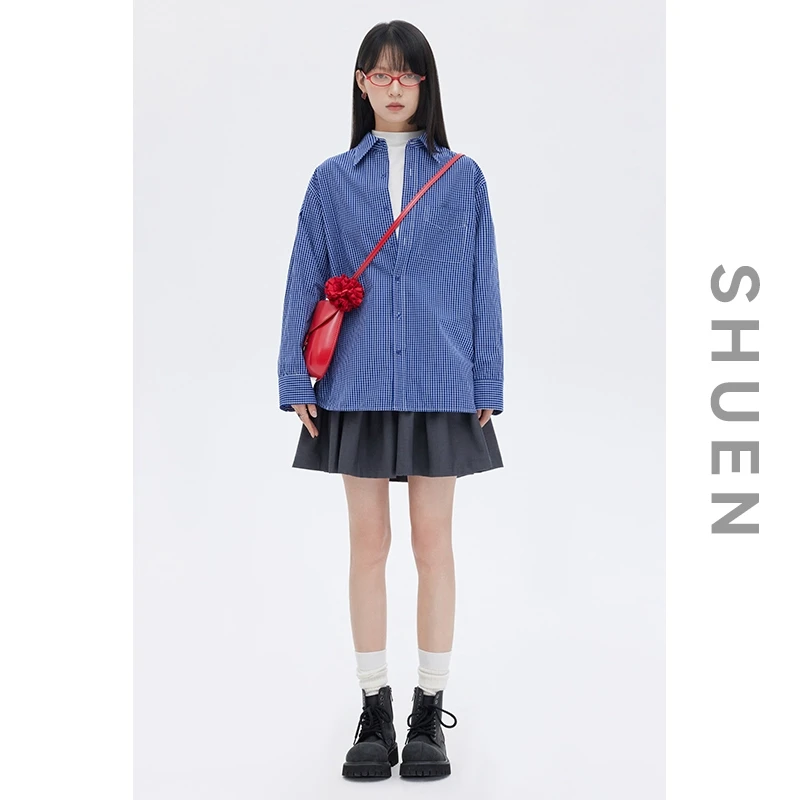 束恩60支纯棉中长款格纹上衣秋季潮2025年新款蓝色宽松长袖衬衫女