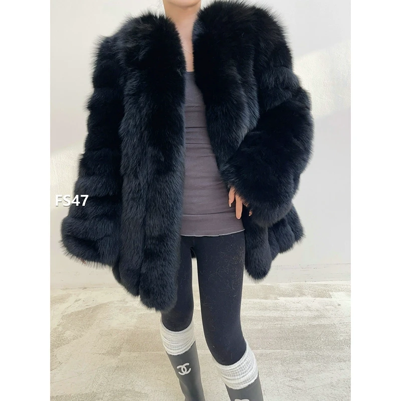 【FS47】S码 黑狐中长款竖条狐狸毛外套（肩42胸102衣78袖59）