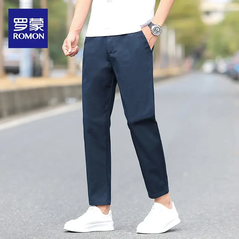 罗蒙夏季薄款男士纯色百搭九分裤弹力修身直筒棉质小西裤休闲裤男