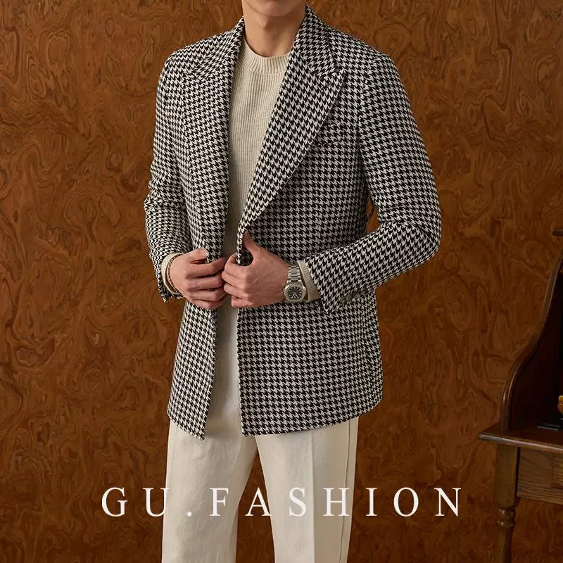 GU FASHION意式复古黑白千鸟格西服外套厚款男平驳领时尚百搭西装
