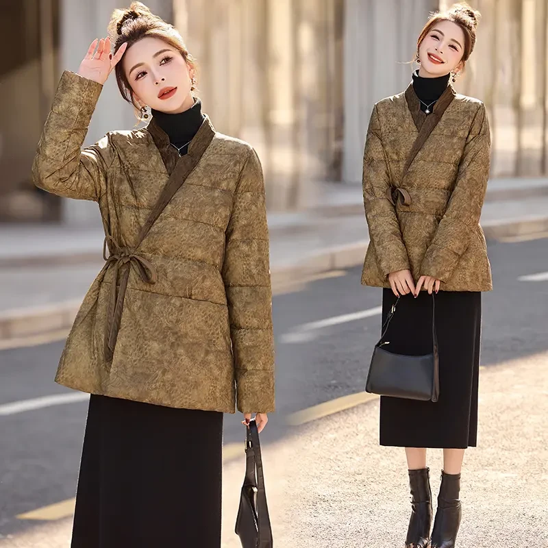 新中式国风系带羽绒服女2024年冬季新款设计感印花加厚白鸭绒外套