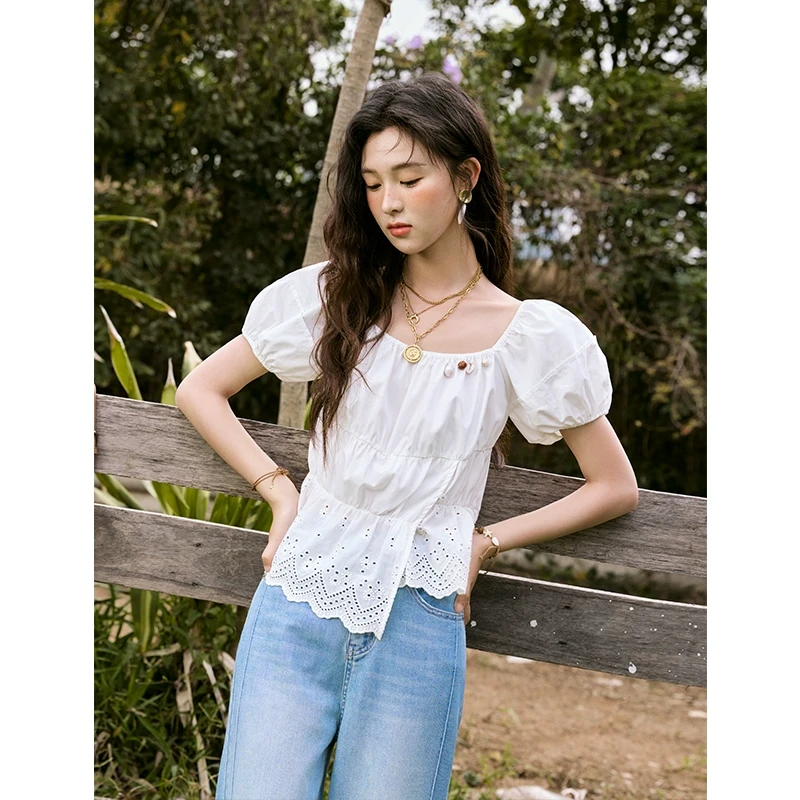 衬衣气质宽松小众夏衬衫显瘦甜妹衬衣方领复古短款短袖法式泡泡袖