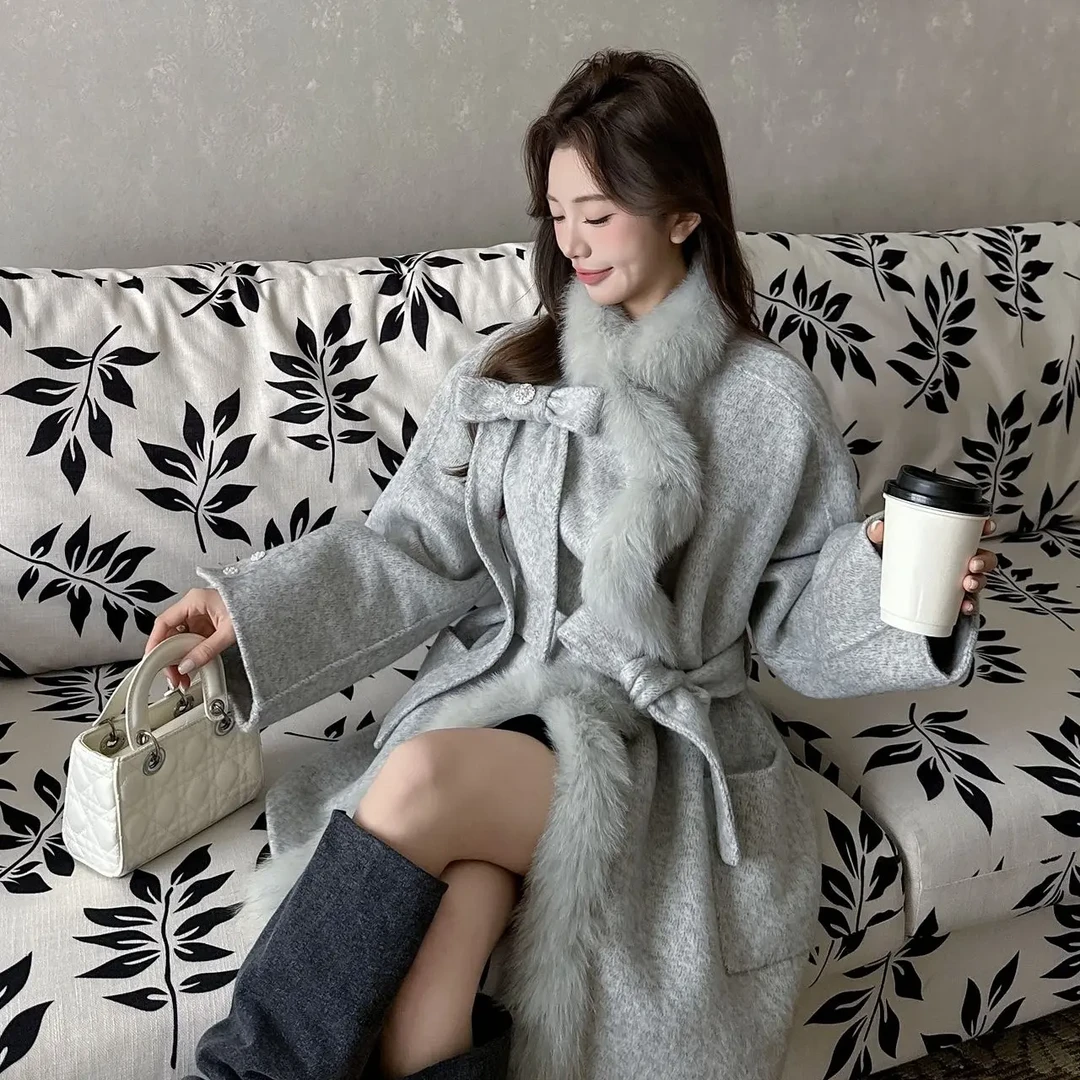 新一二三定制 世家千金 双面羊毛狐狸毛新款羊毛蝴蝶结大衣