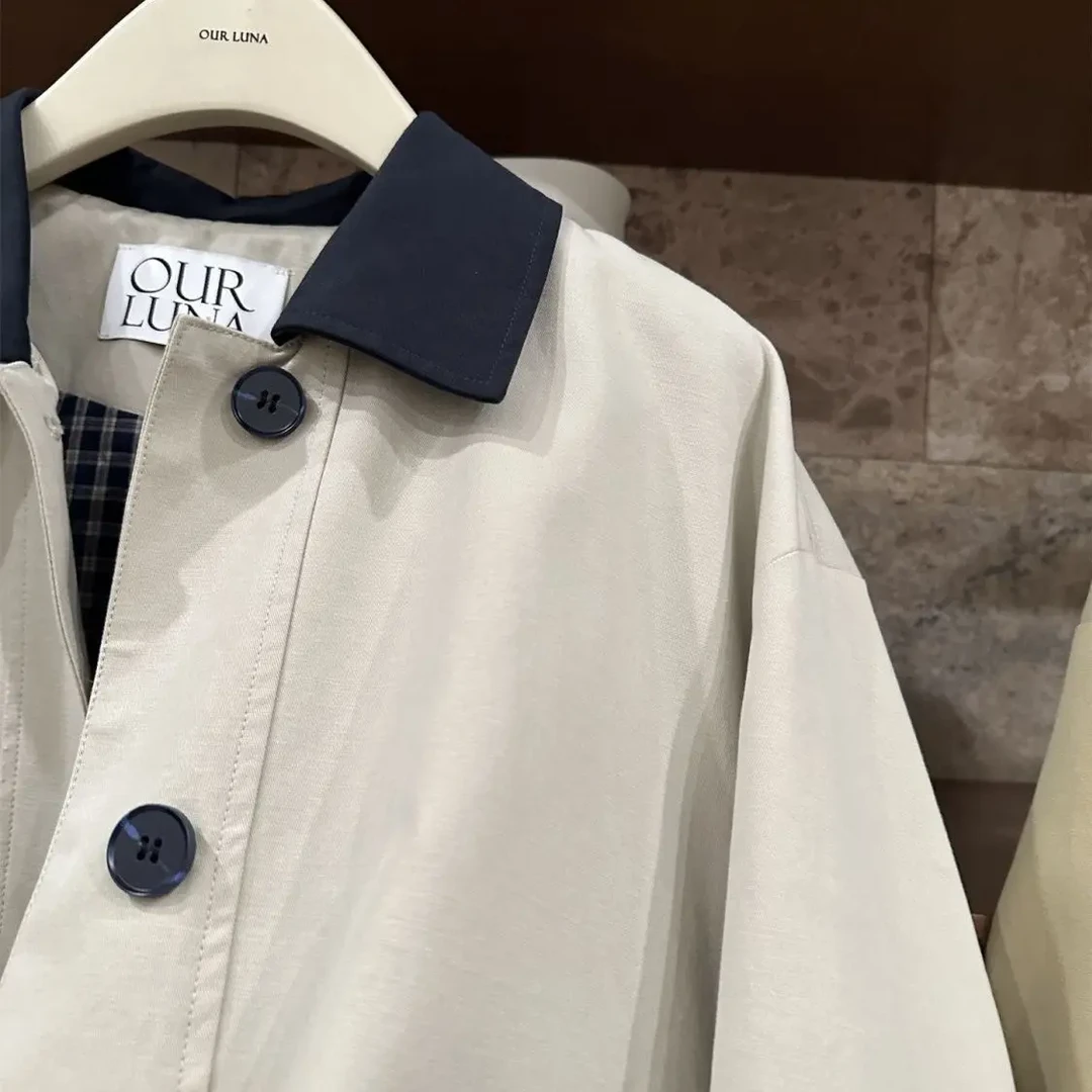 79韩系格子中长款风衣外套