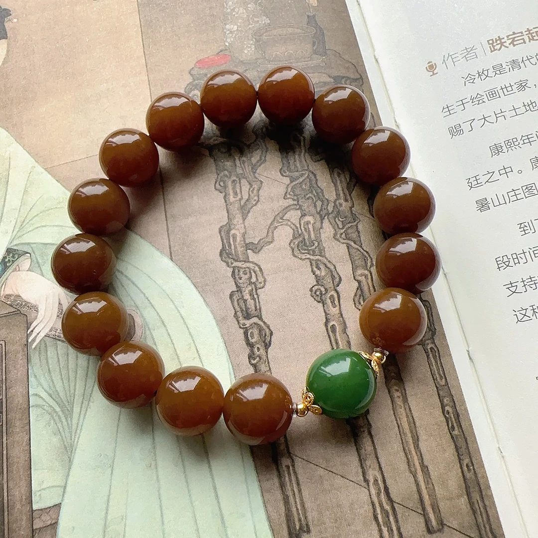 卡12且末金山糖与碧玉搭配新中式国风设计单圈手串18k金