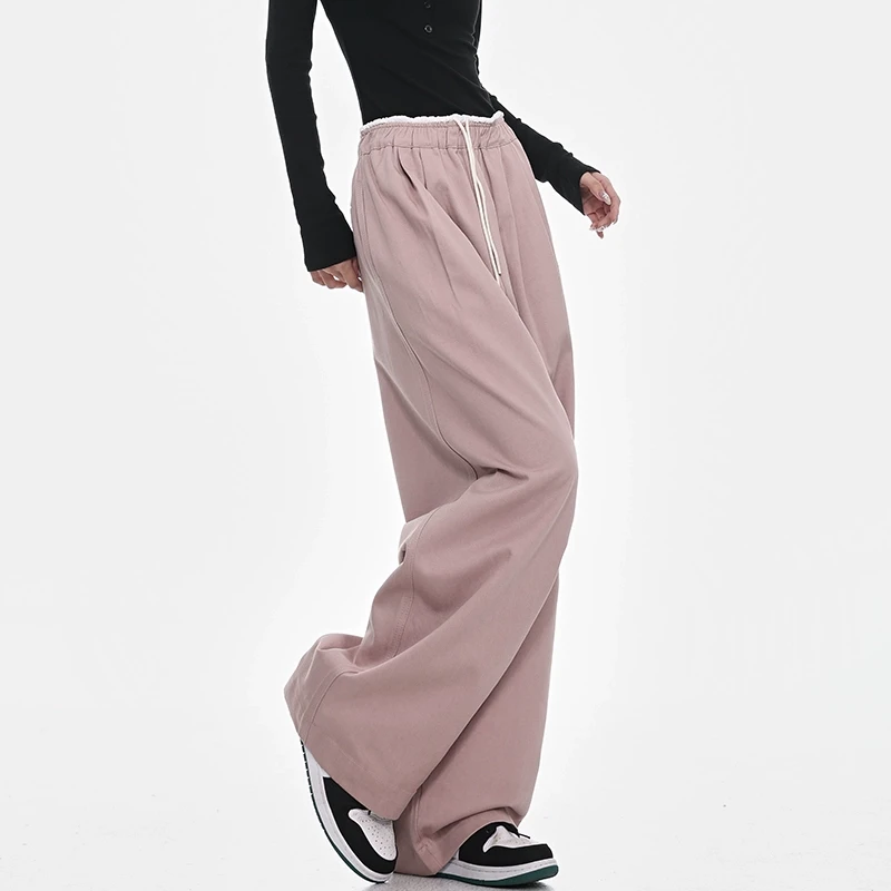 KEN STUDIO春季新款粉色高街阔腿休闲裤女运动直筒抽绳宽松拖地裤