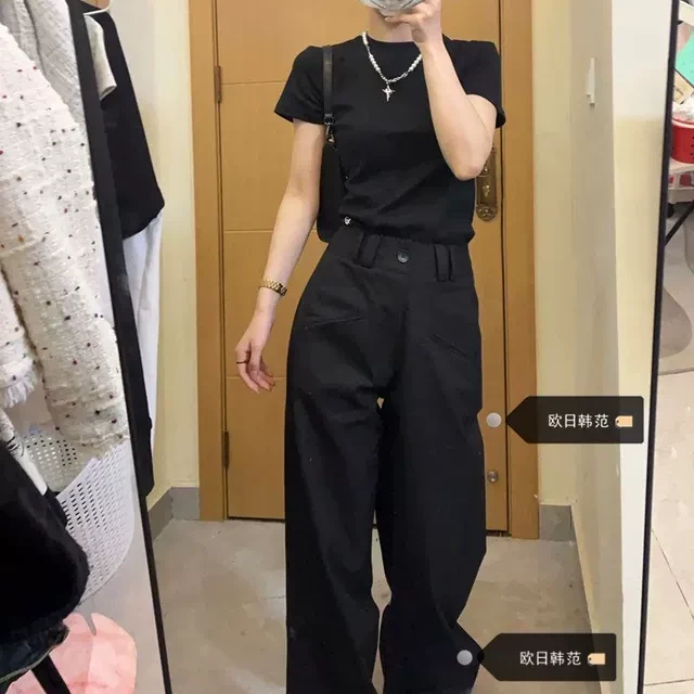 大码黑色直筒阔腿裤女夏季新款高腰显瘦百搭宽松垂感休闲拖地裤子