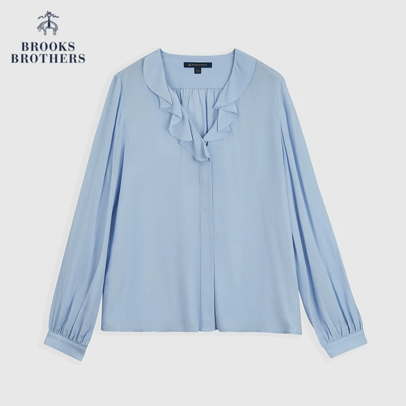 Brooks Brothers/布克兄弟女士25春夏新款垂坠花边V领气质衬衫