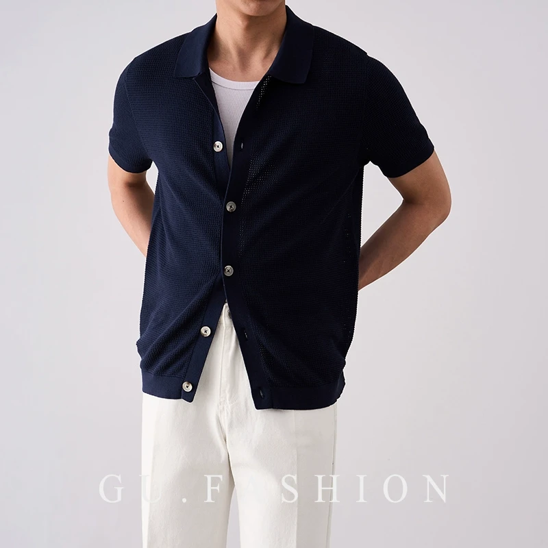 【100%棉】GU FASHION高级感慵懒风休闲复古针织短袖男镂空POLO衫