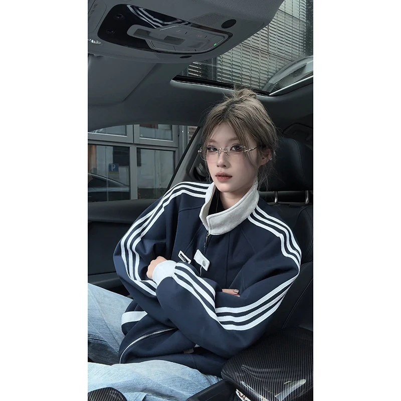 美式学院风卫衣外套男女秋季撞色拼接潮流百搭青少年条纹立领夹克