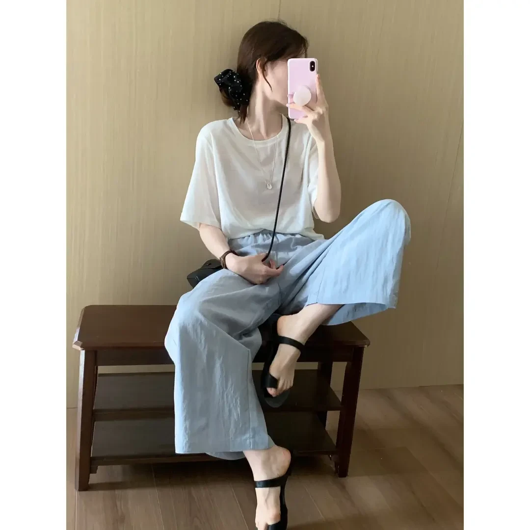 洋气衣服女夏季白色圆领减龄短袖T恤上衣慵懒风休闲裤宽松阔腿裤