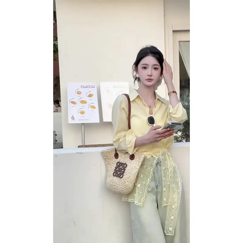 黄色防晒衬衫上衣法式小衫衬衣网纱屁帘美式阔腿牛仔裤直筒拖地裤