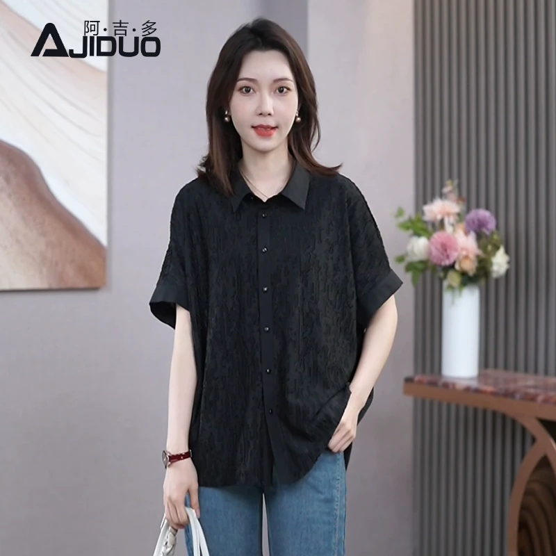 阿吉多黑色短袖衬衫女夏季新款提花翻领气质通勤衬衣大码高级上衣