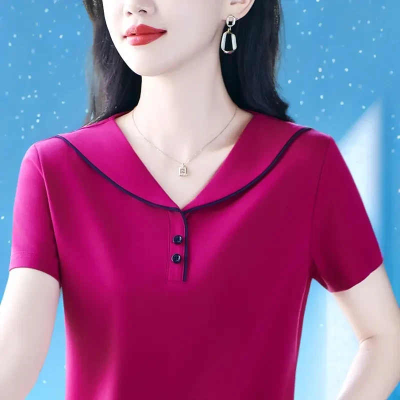高级短袖女夏装2025新款妈妈时尚t恤宽松气质减龄小衫上衣大码