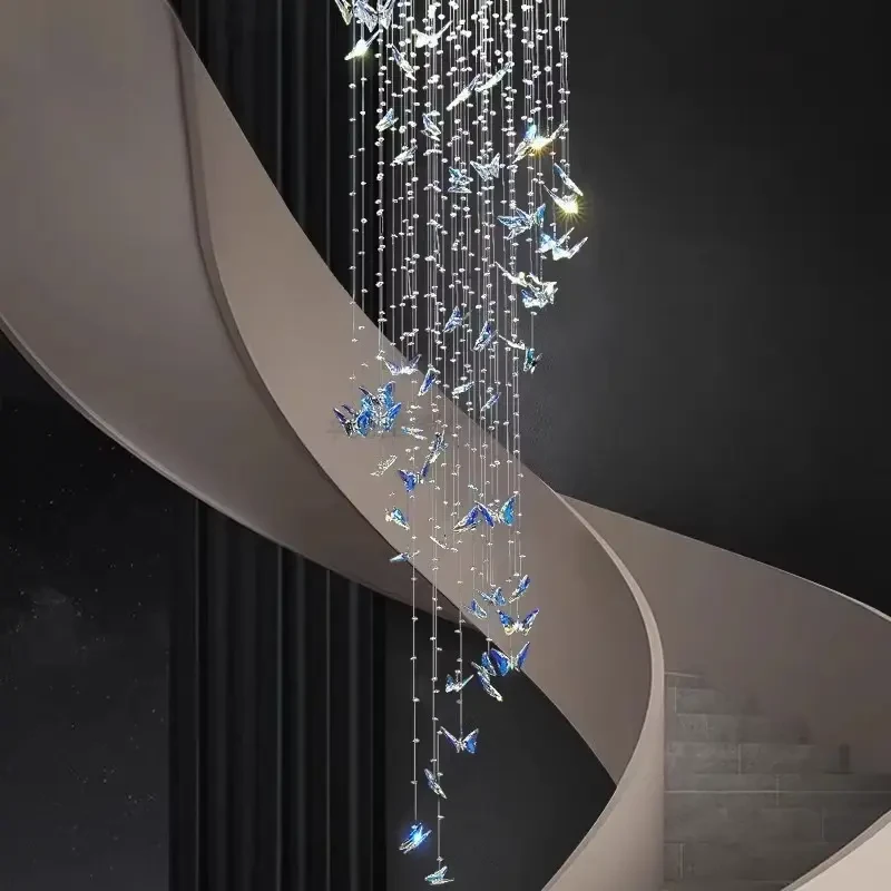 水晶蝴蝶楼梯吊灯2025新款loft公寓挑高装饰灯别墅旋转楼梯长吊灯