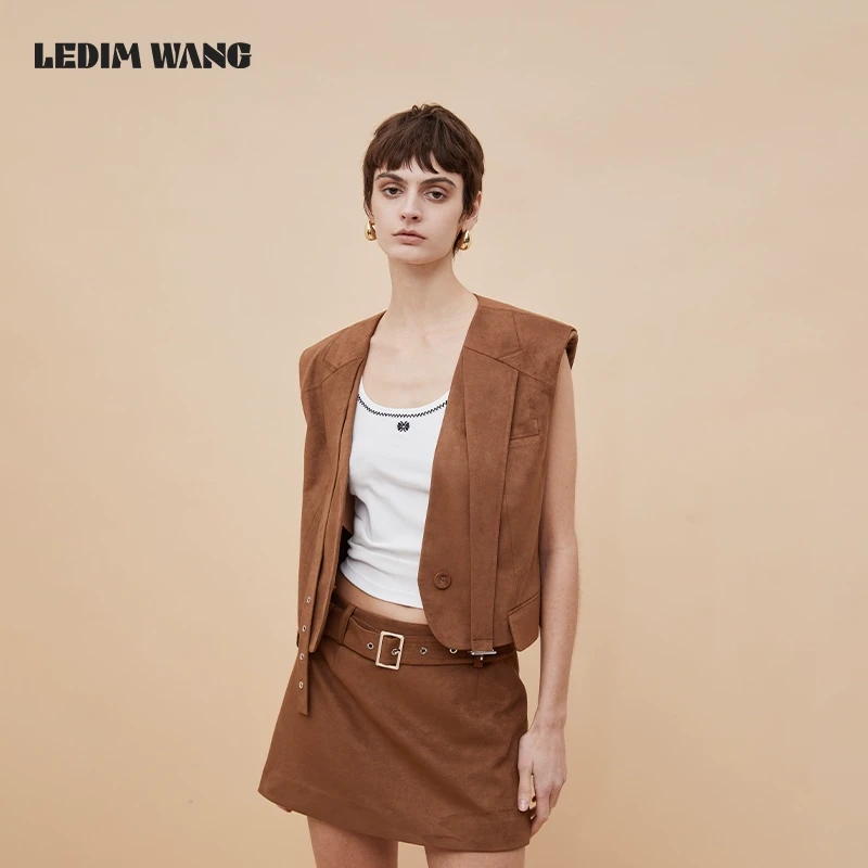 LEDIM WANG 仿麂皮飘带短款马甲/半裙叠穿短款