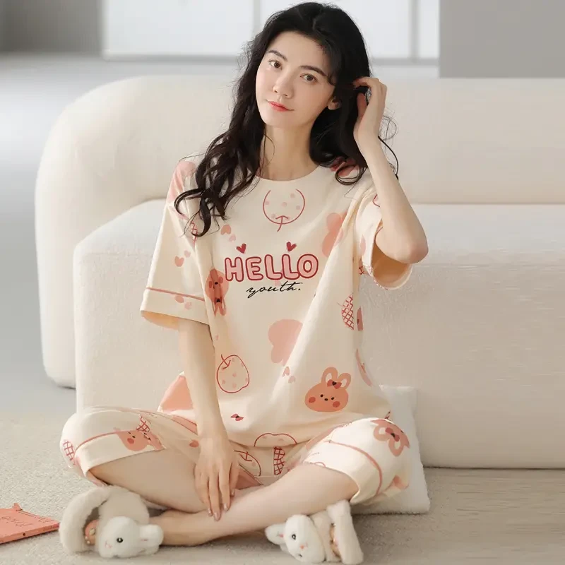 睡衣女款夏天2025年新款夏季纯棉短袖春秋夏款女士家居服两件套装