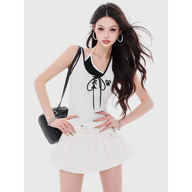 ABWEAR 黑白影像-原创假两件背心吊带女2025夏季紧身弹力挂脖上衣