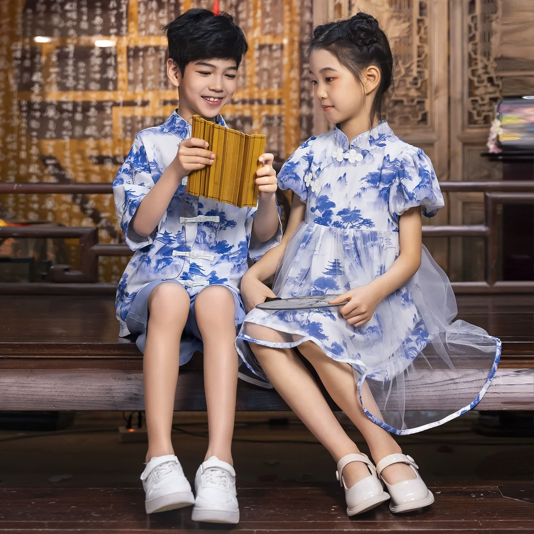 儿童合唱演出服女童中国风汉服青花瓷舞蹈服装新款幼儿园毕业服装