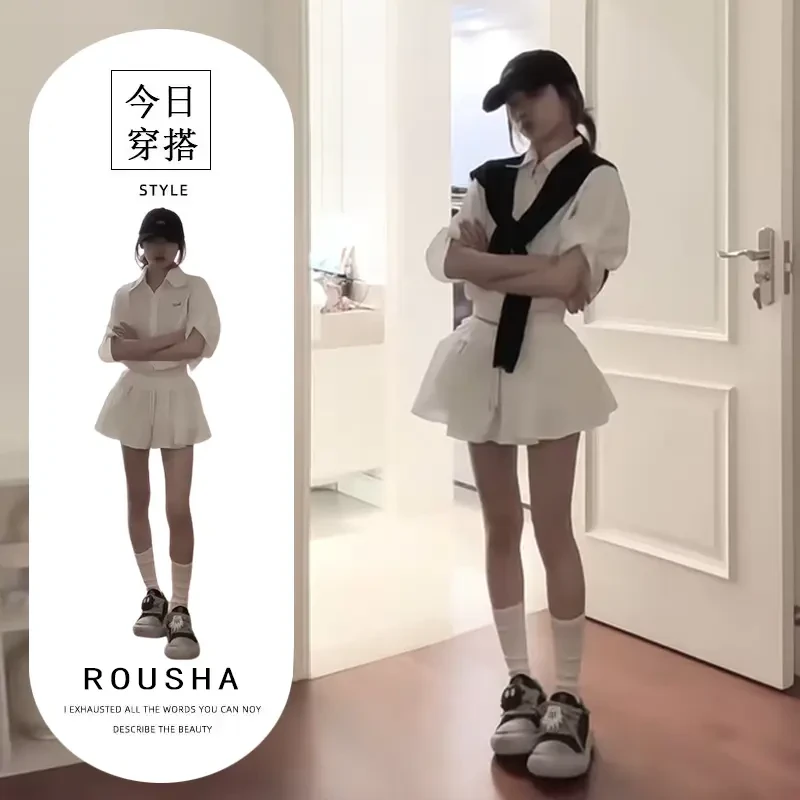 简约韩系穿搭一整套装女白色polo领衬衫上衣女夏季气质短裙两件套