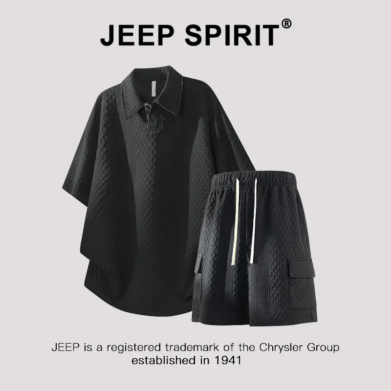 JEEP吉普男士重磅提花Polo衫短袖套装夏季宽松大码休闲短裤两件套