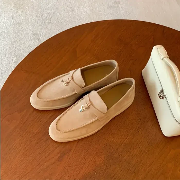 牛皮版～LP流苏锁扣乐福鞋女平底懒人一脚蹬百搭软底豆豆羊绒单鞋