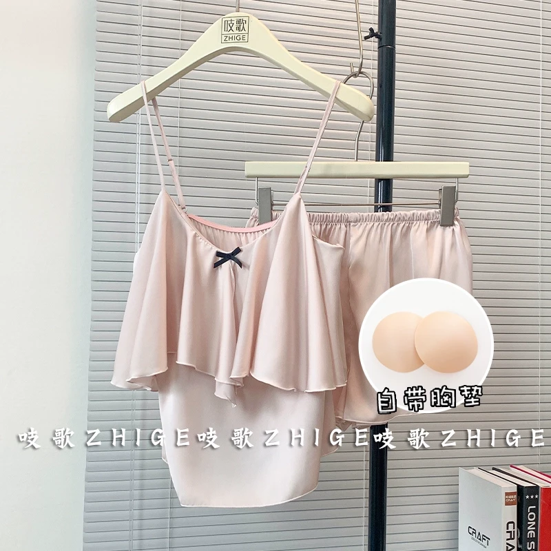 粉色甜美带胸垫吊带睡衣女夏季2025新款夏天性感冰丝绸套装纯欲风